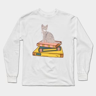 Stack Of Books With A Cat Long Sleeve T-Shirt